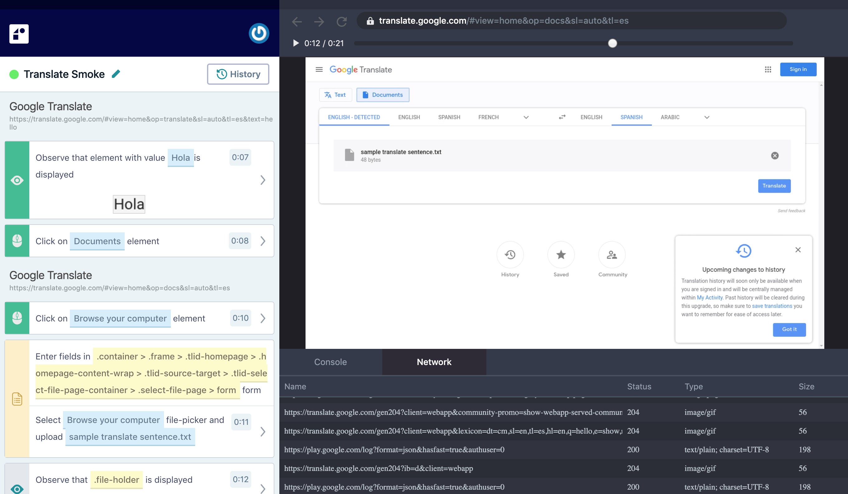 The test result view displays the steps to reproduce the issue, a video of the execution and the network logs for debugging.