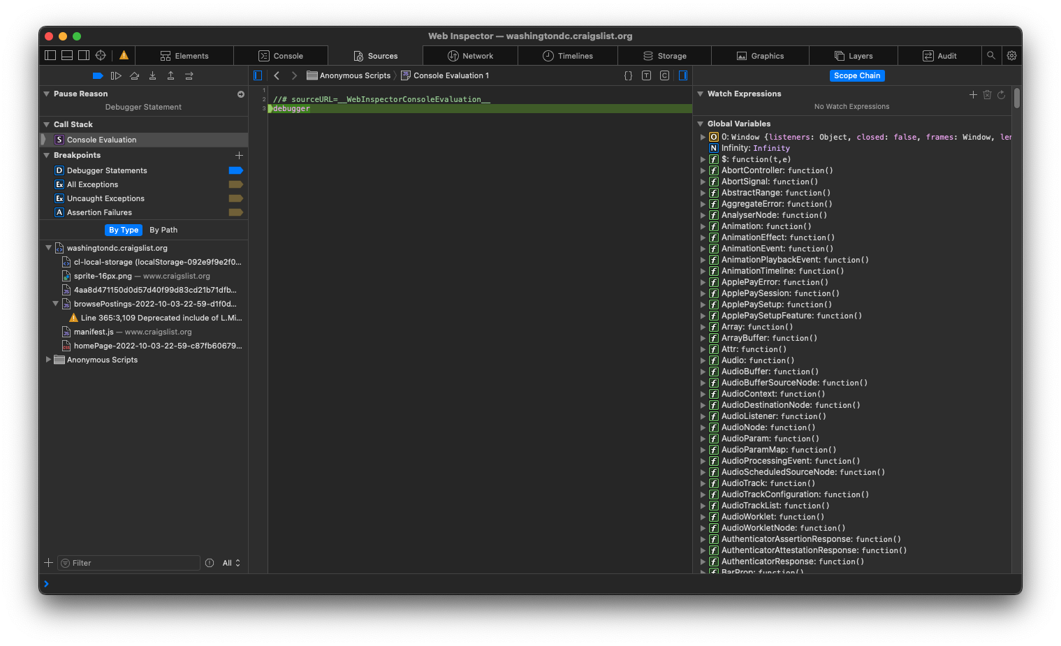 safari javascript breakpoints