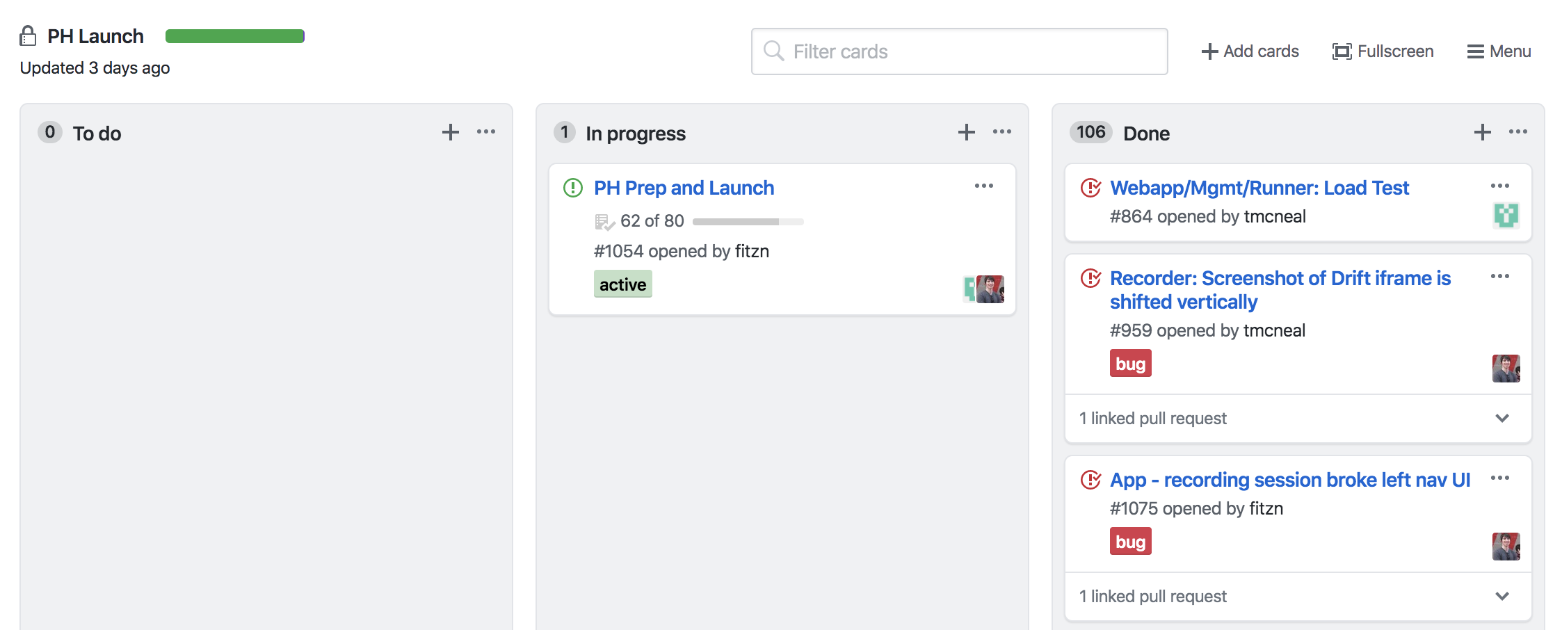 The final result of our Github board tracking the launch of our free tier