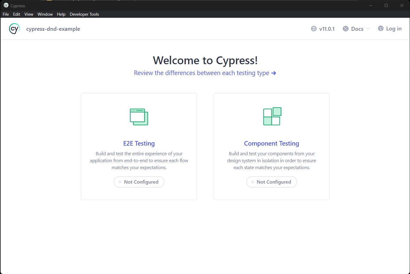 The Cypress project initialization view