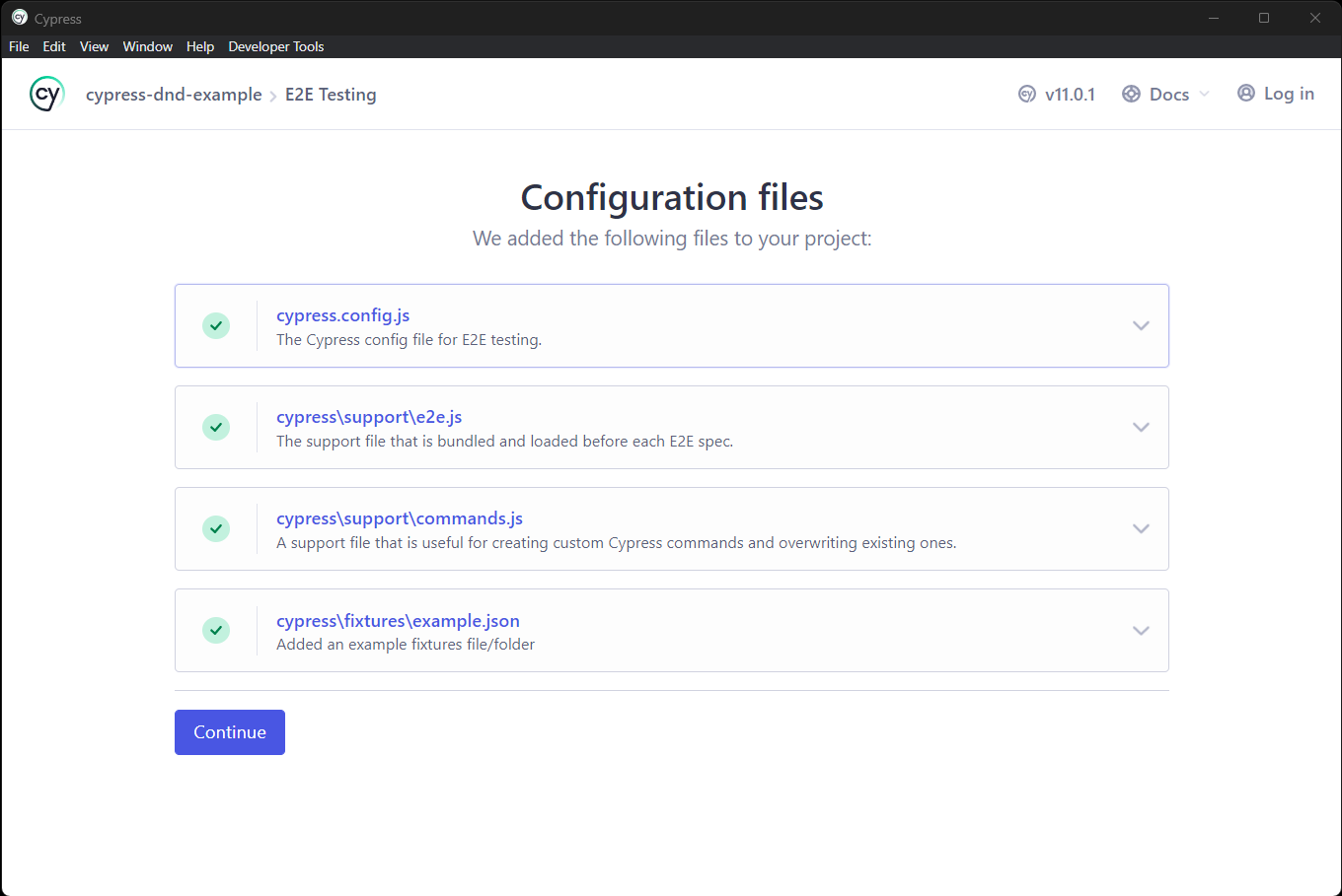 The Cypress configuration file screen