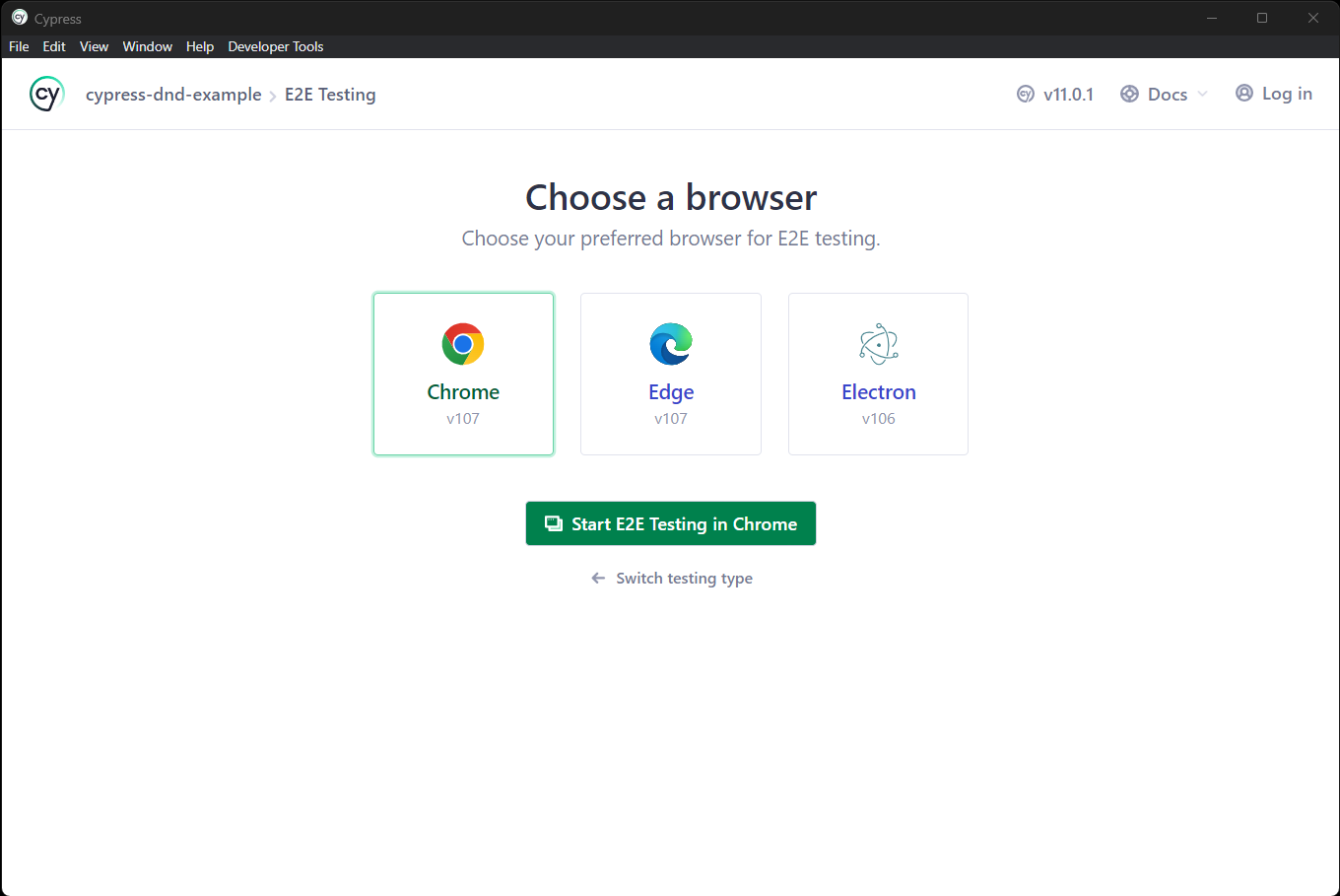 The Cypress browser selection screen